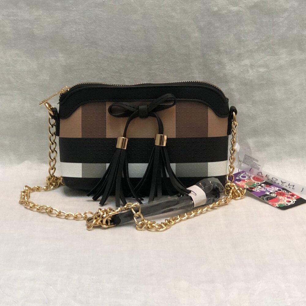 Deluxity Peta Approved Vegan Multicolor Block/Plaid Crossbody Purse w/Bow